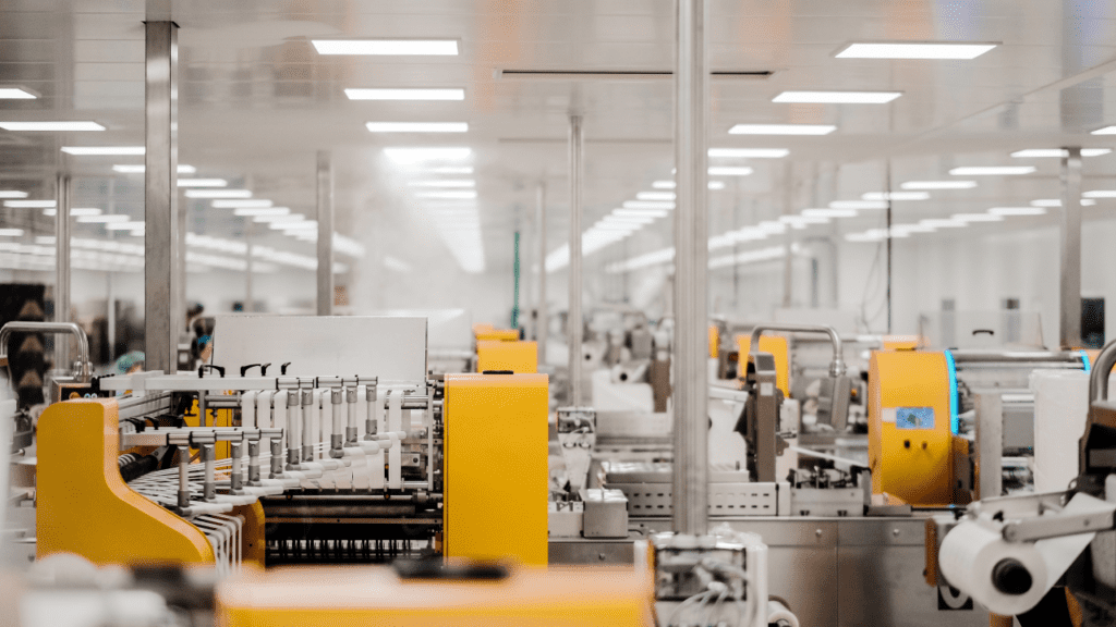 Interior shot of a factory with automated machines