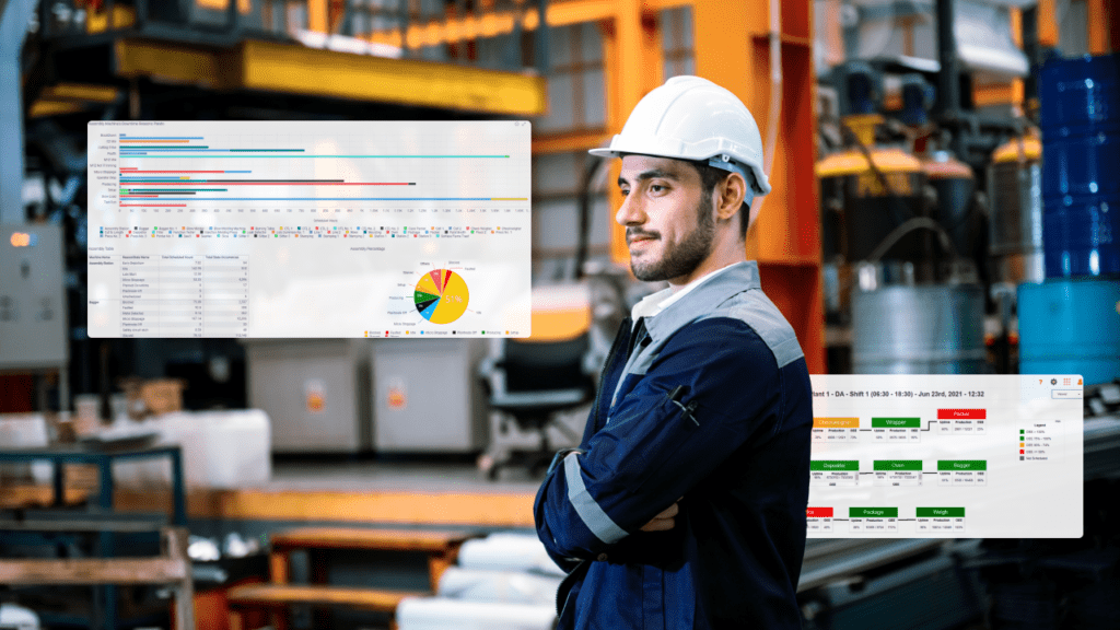 Shoplogix graphic with portrait male shop floor worker