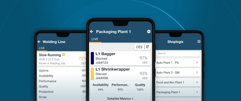 Three handheld devices displaying a screenshot of Shoplogix's smart factory software