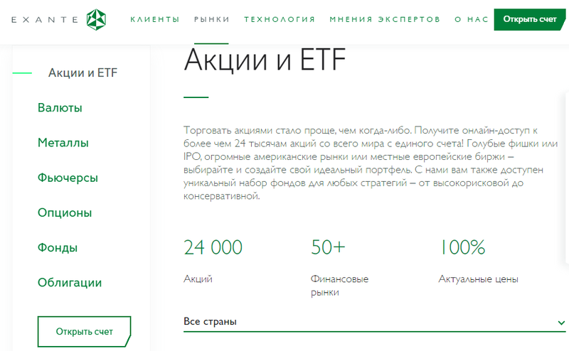 Выбор инструмента в Exante Broker