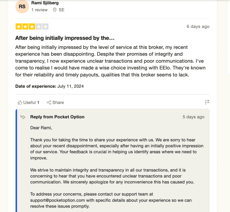 Pocket Option Note about the testimonial